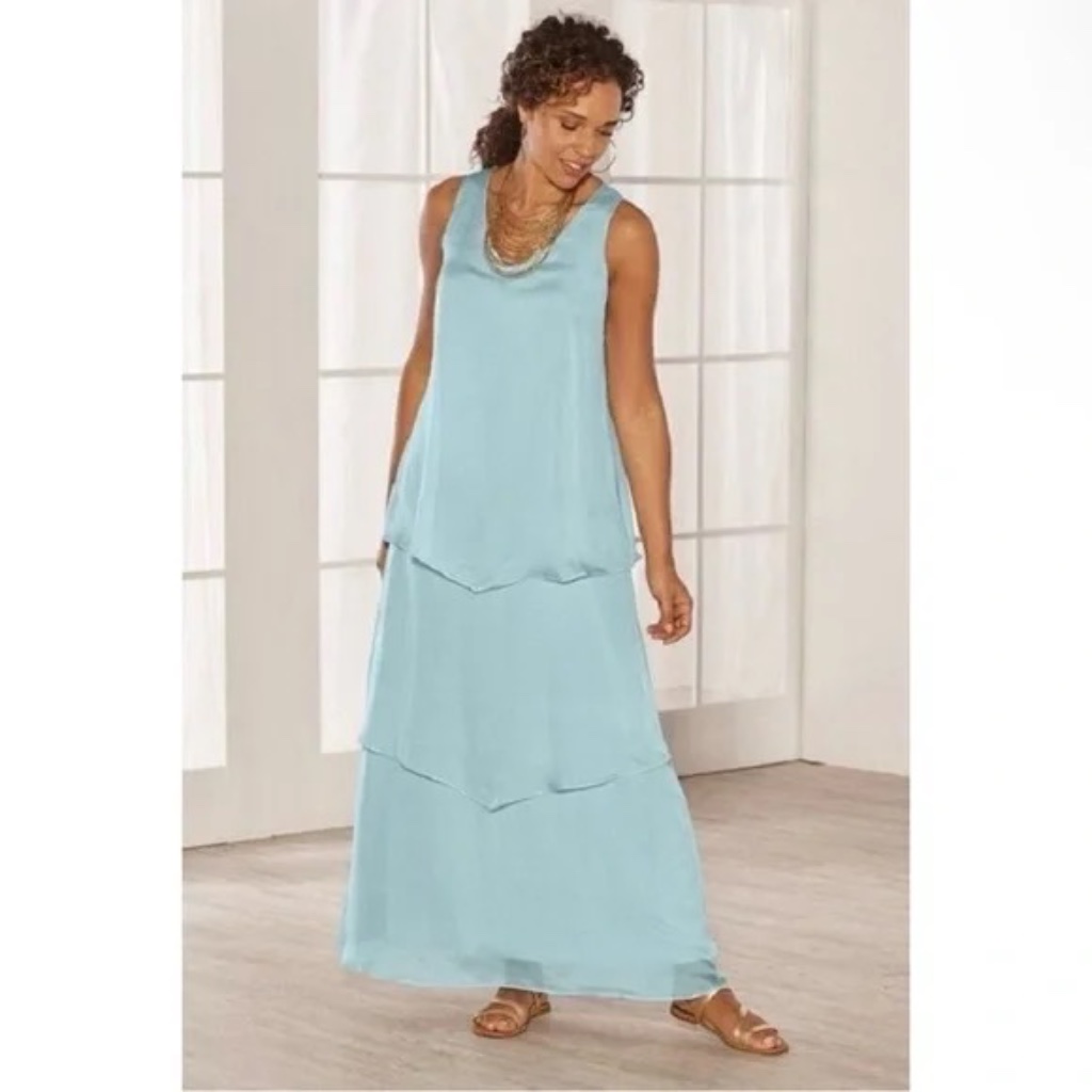 Soft Surroundings Silk Tiered Tulipe Maxi Dress Light Blue Whimsical Lagenlook